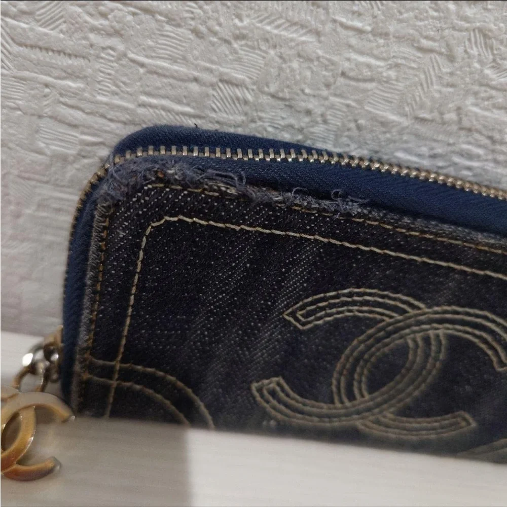 Chanel Wallet Denim Zip Around Zippy Rare CC Charm Coin Case Card Holder Mini